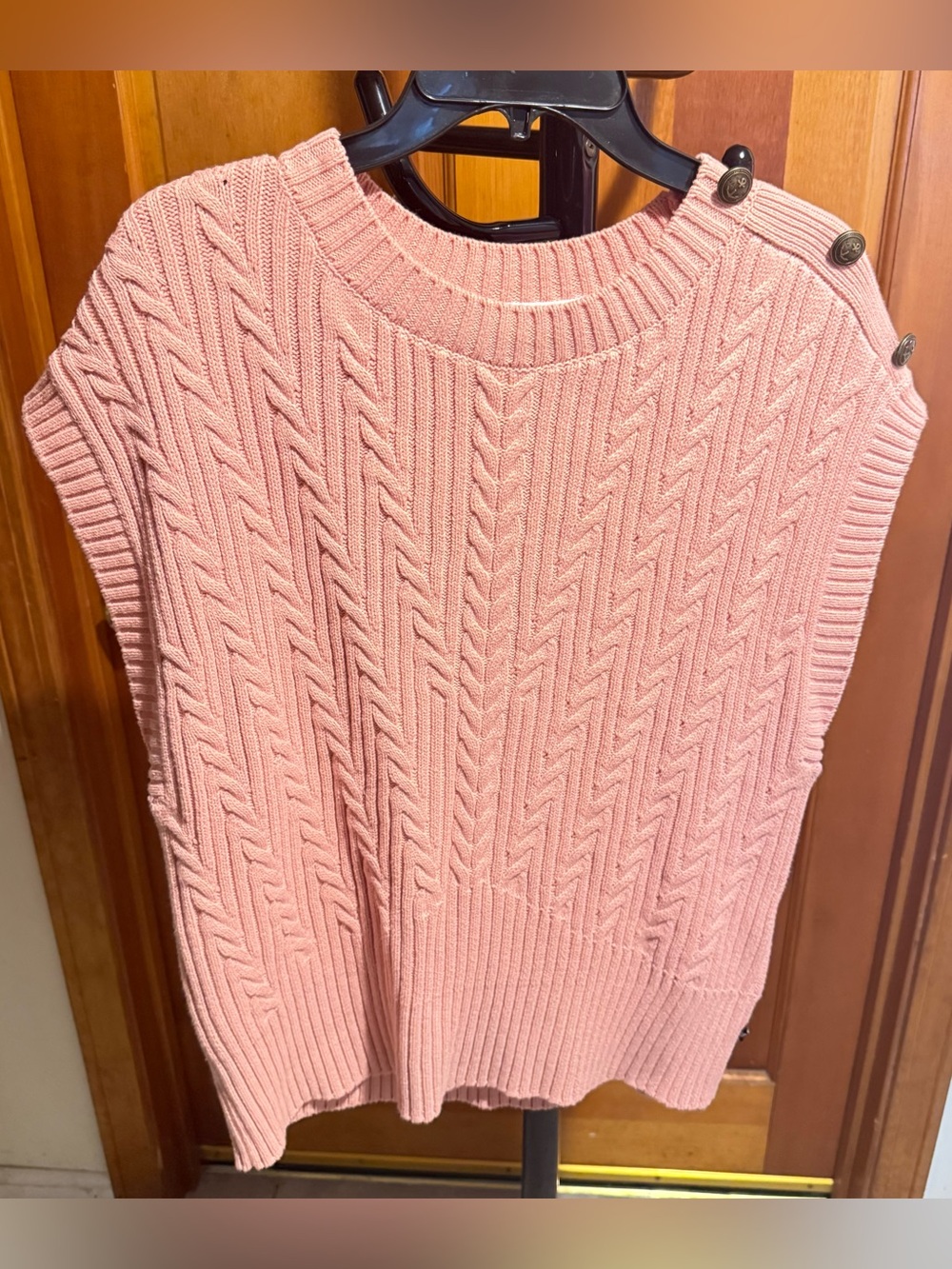 Nautica Pink Cable-Knit Crewneck Sweater Vest with Shoulder Buttons Women’s XL